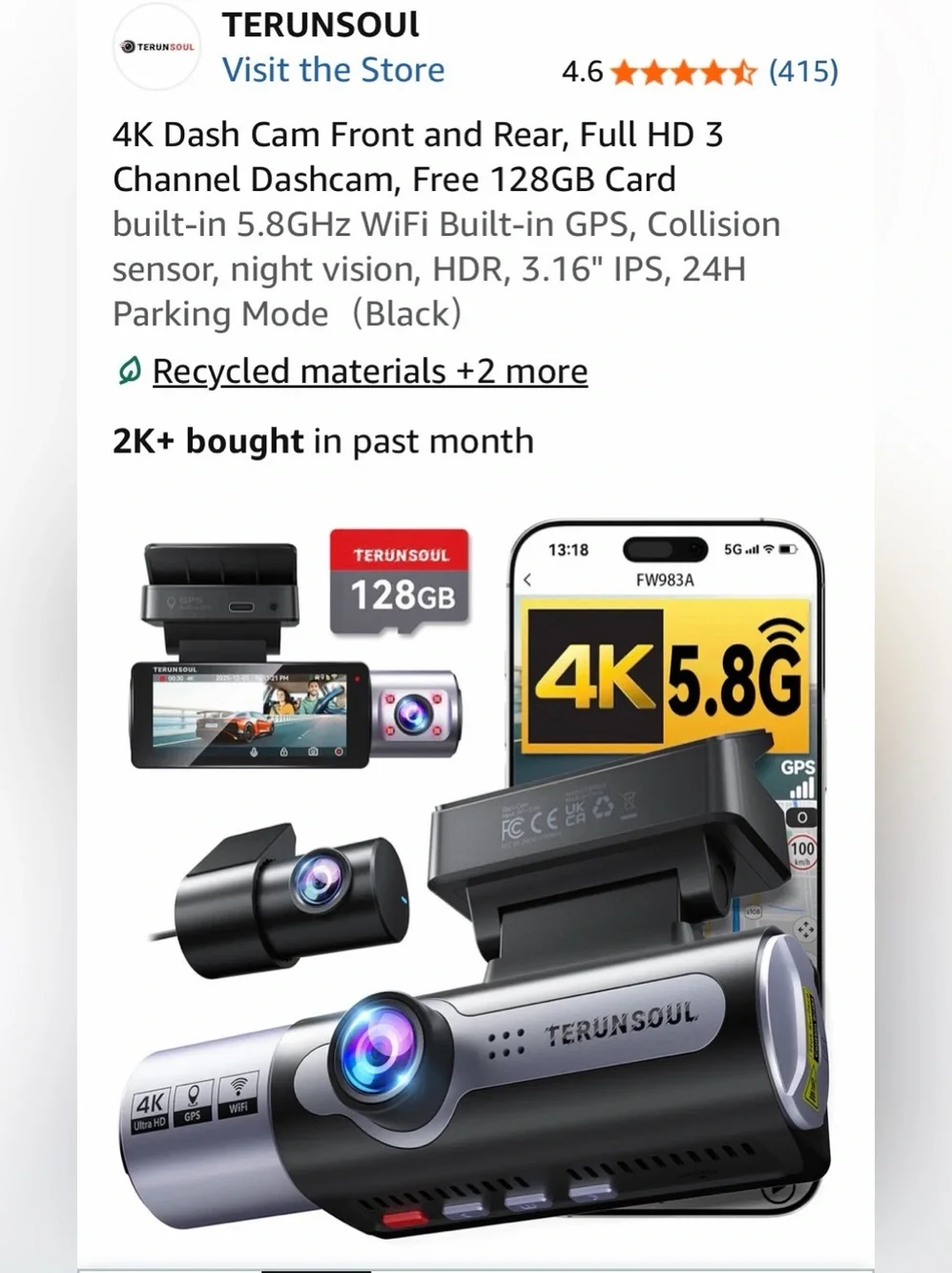 Dash Cam Front & Rear (Black) with 128GB